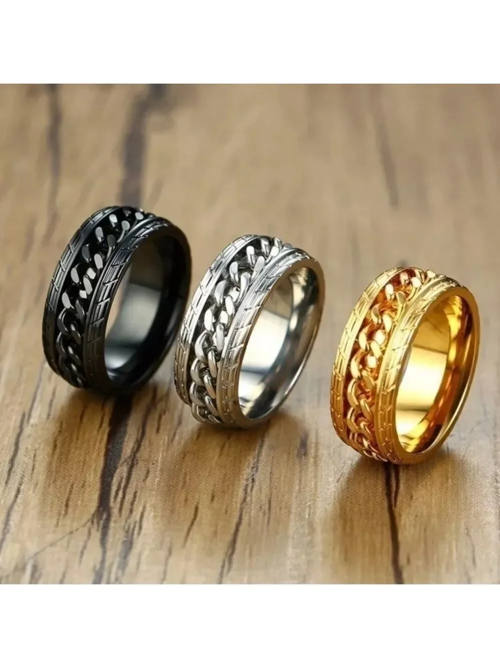 Black Stainless Steel Tire Texture Spinner Anxiety Fidget Ring
